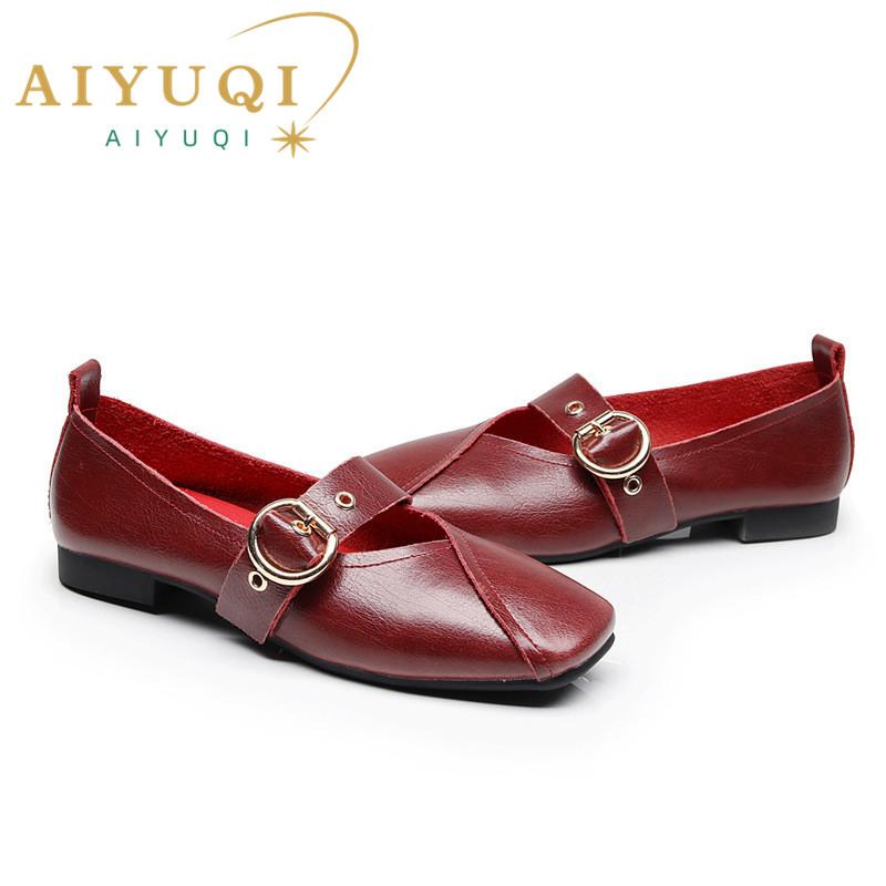 Fashion AIYUQI Ladies Spring Shoes 2025 New Genuine Leather Mother Flat Shoes Casual Large Size 41 42 43 Square Comfortable Women Shoes