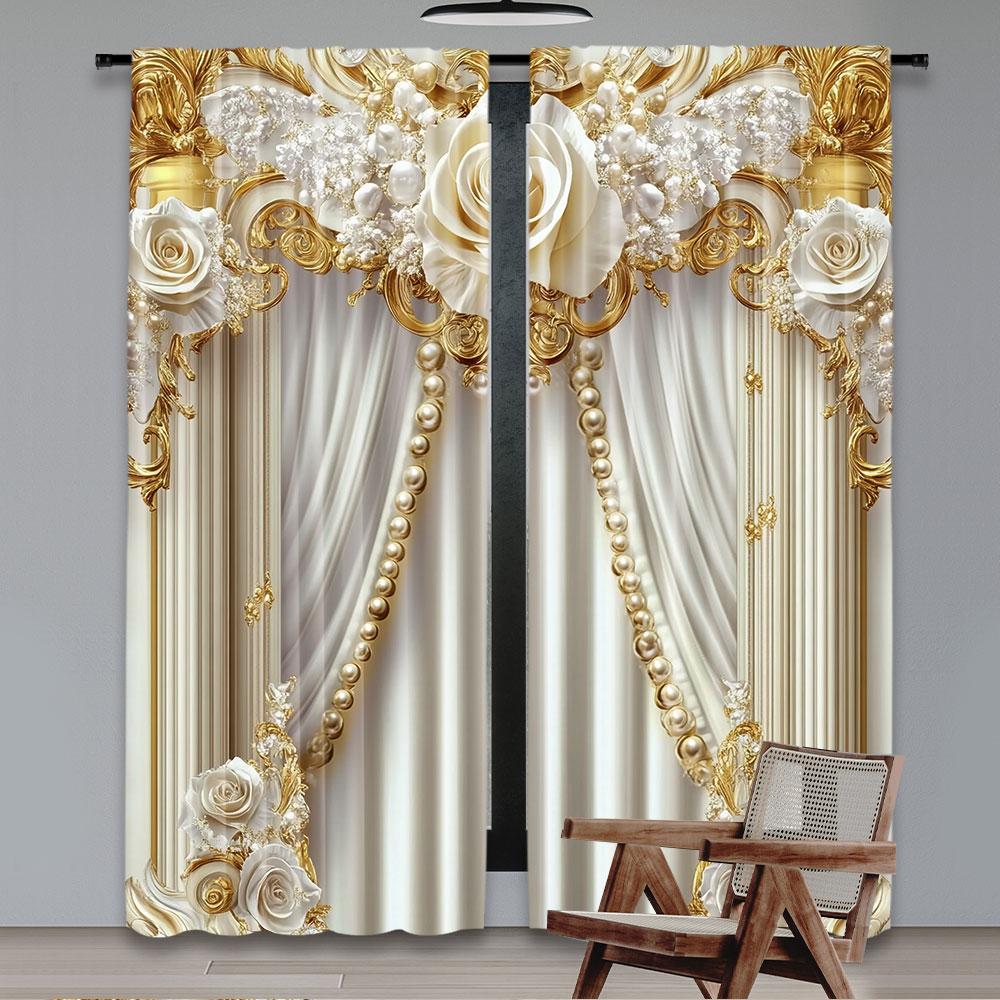 2Pcs Gold And White Curtains With Elegant And Chic White Flowers Suitable For Living Room Dining Room Kitchen Bedroom Bathroom