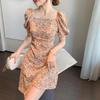 Summer New Waist and Thin Small Irregular Short Skirt French Bubble Sleeve Square Neck Floral Dress Women's Clothing