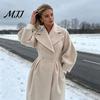 Casual Long Coat Women Wool for Fall Winter, Lantern Sleeve Winter Notch Lapel Overcoat, Double Breasted Trench with Pockets