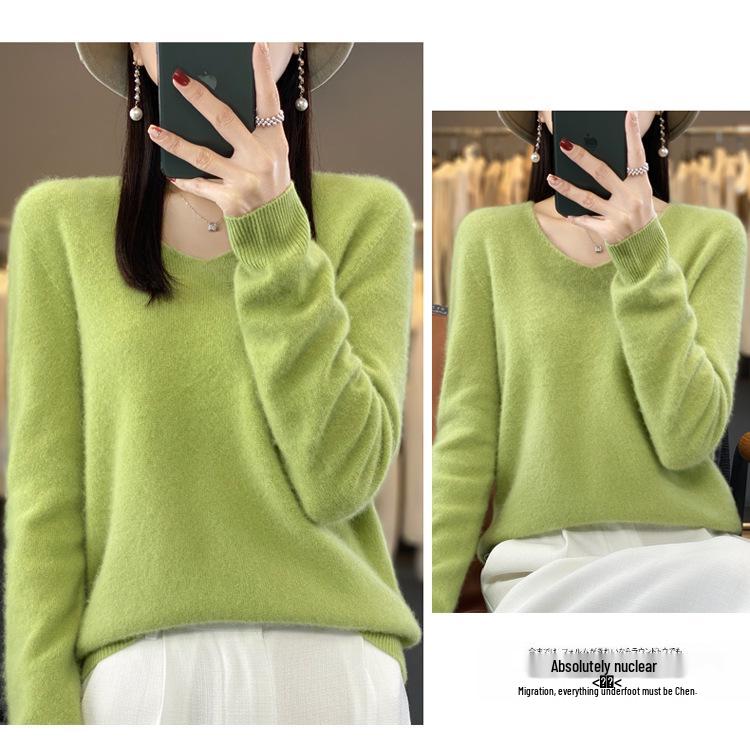 Women's V-Neck Seamless Wool Sweater - Loose, 100% Cashmere Knit for Autumn/Winter