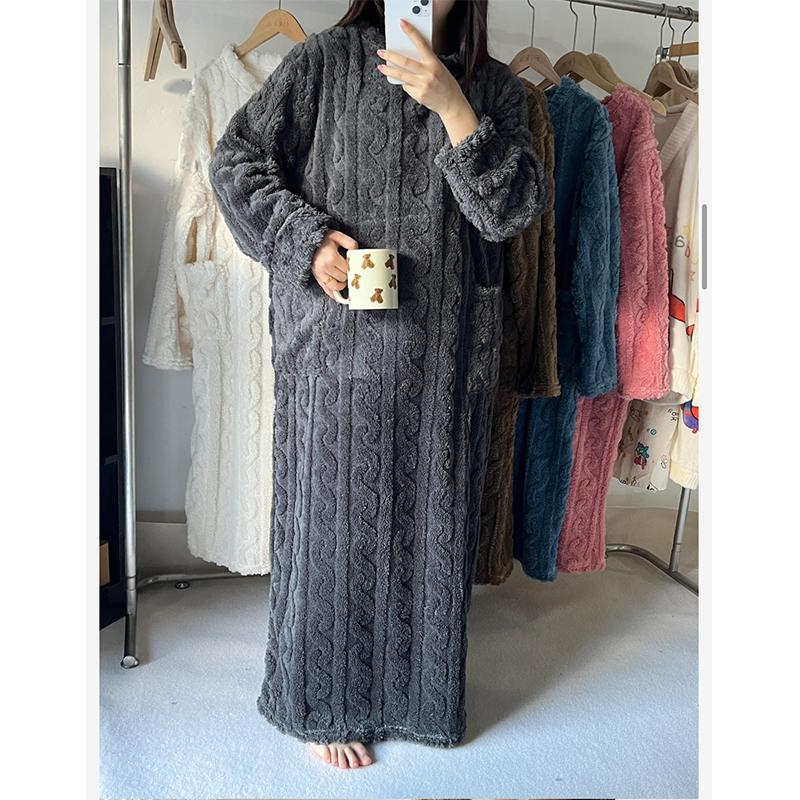 Fashion Winter Women Nightgowns Jacquard Dress Night Dress Loose Solid Color Thickened Flannel Sleepwear Home Clothes