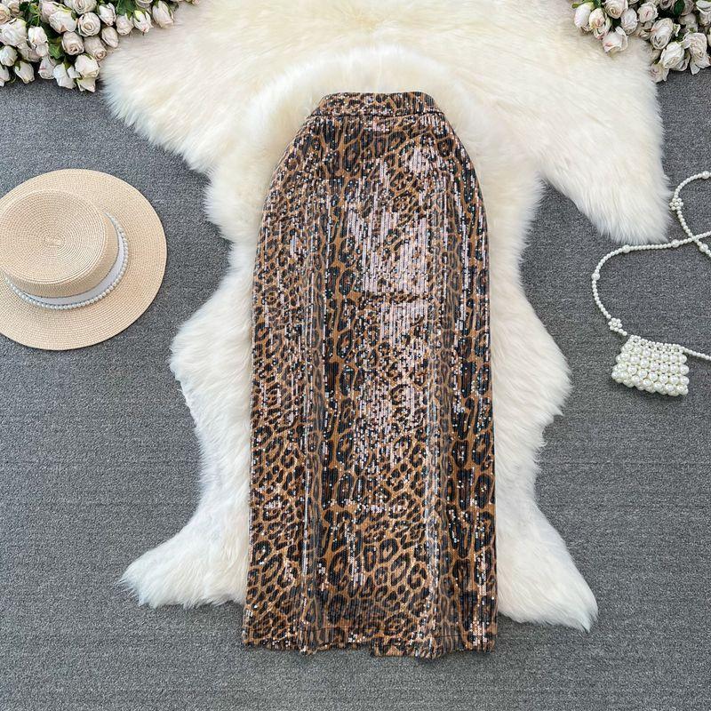 

Fashion Socialite Elegant Mid Length Long Length PU Leather Skirt Brown leopard print L