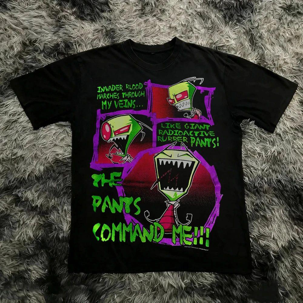 Retro High Street Graphic Print Tee Vintage Invader Zim Cartoon Print Short Sleeve 90s Nostalgia Summer Y2k Streetwear Unisex