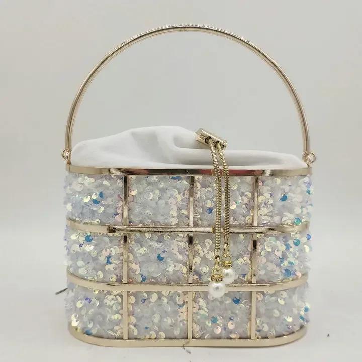 

Boutique De FGG Bling Sequined Women Metal Bucket Clutch Handbags Chain Shoulder Crossbody Bags Party Cocktail Evening Purse Bag Medium