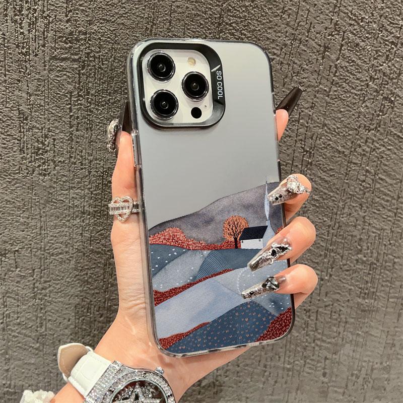 Mountain Landscape Cottage Minimalist Style Painting Phone Case For IPhone 16 15 Plus 16 15 14 13 12 11 Pro Max Mini Laser Cover