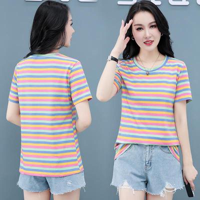 Women's Summer Round Neck Striped Cotton T-Shirt: Colorful, Casual, Loose, Age-Reducing, Slimming Design.