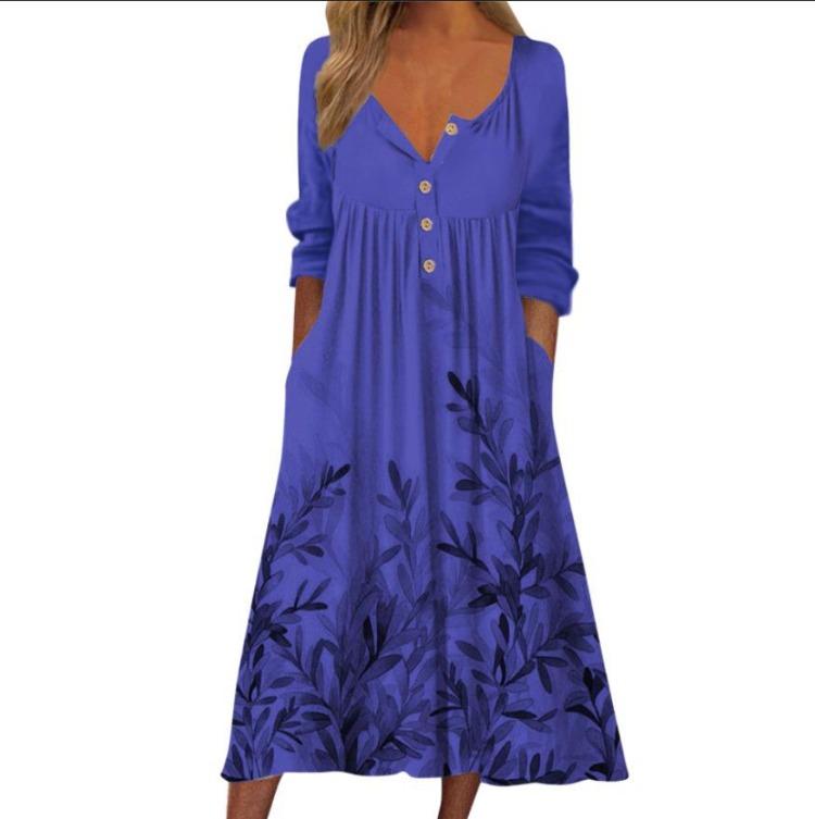 Buttoned Maxi Dress with Pocket Printed Cardigan Style Womens Dress