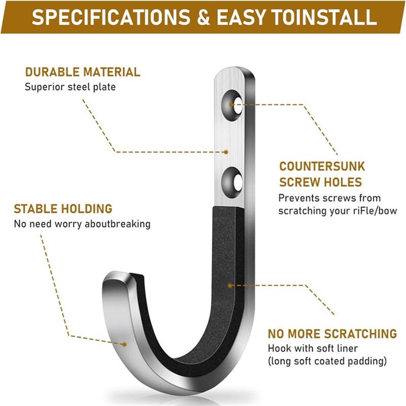 2Pcs Wall Mounted Gun Rack Metal Storage Hooks J Shape Hooks For Guns Firearms Organizer Hanging Hooks