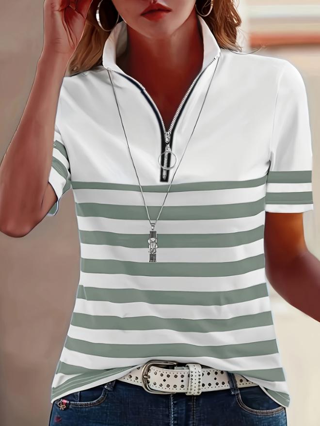 European and American Striped Polo Collar Short Sleeve Women's Autumn T-shirt - Versatile and Fashionable.