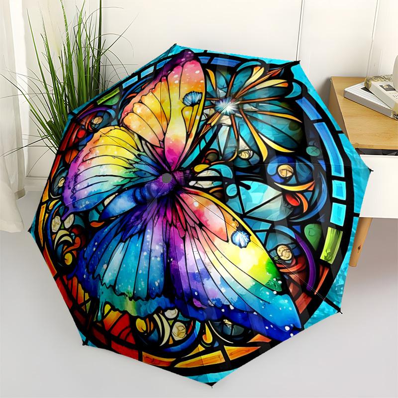 

1pc Butterfly Stained Glass Automatic Opening/Closing Umbrella with Operation & Windproof Canopy yy260311050