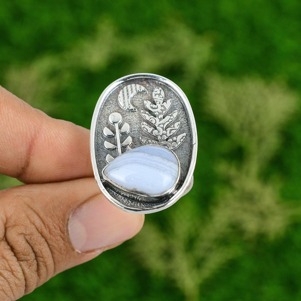 Gift For Her Natural Blue Lace Agate Multi Stone Adjustable Ring 925 Silver