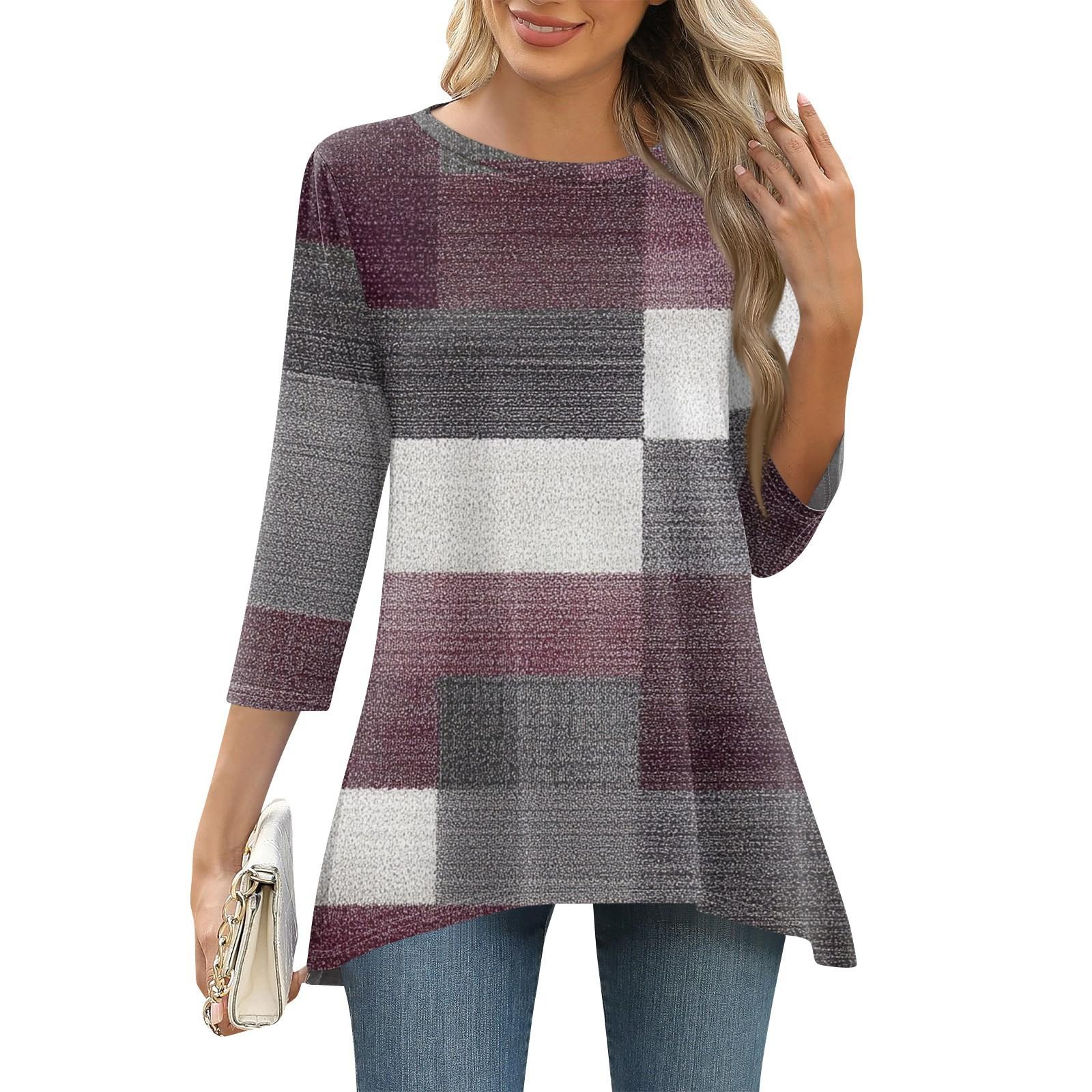 

3/4 рукав туника топы для женщин принтованный повседневный выходной свободный крой модная базовая футболка с круглым вырезом XL фиолетовый