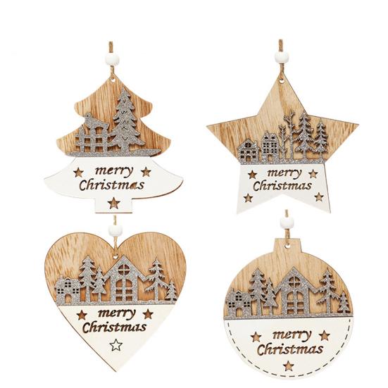 1/4Pcs Wooden Merry Christmas Ornament Farmhouse Rustic Xmas Tree Hanging Double Layer Splicing Love