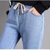 נשים ג'ינס עם מותניים גבוהים ישר מזדמנים מכנסיים קשירה מותניים אלסטיות רטרו כחול בתוספת גודל בגדי רחוב רחבים