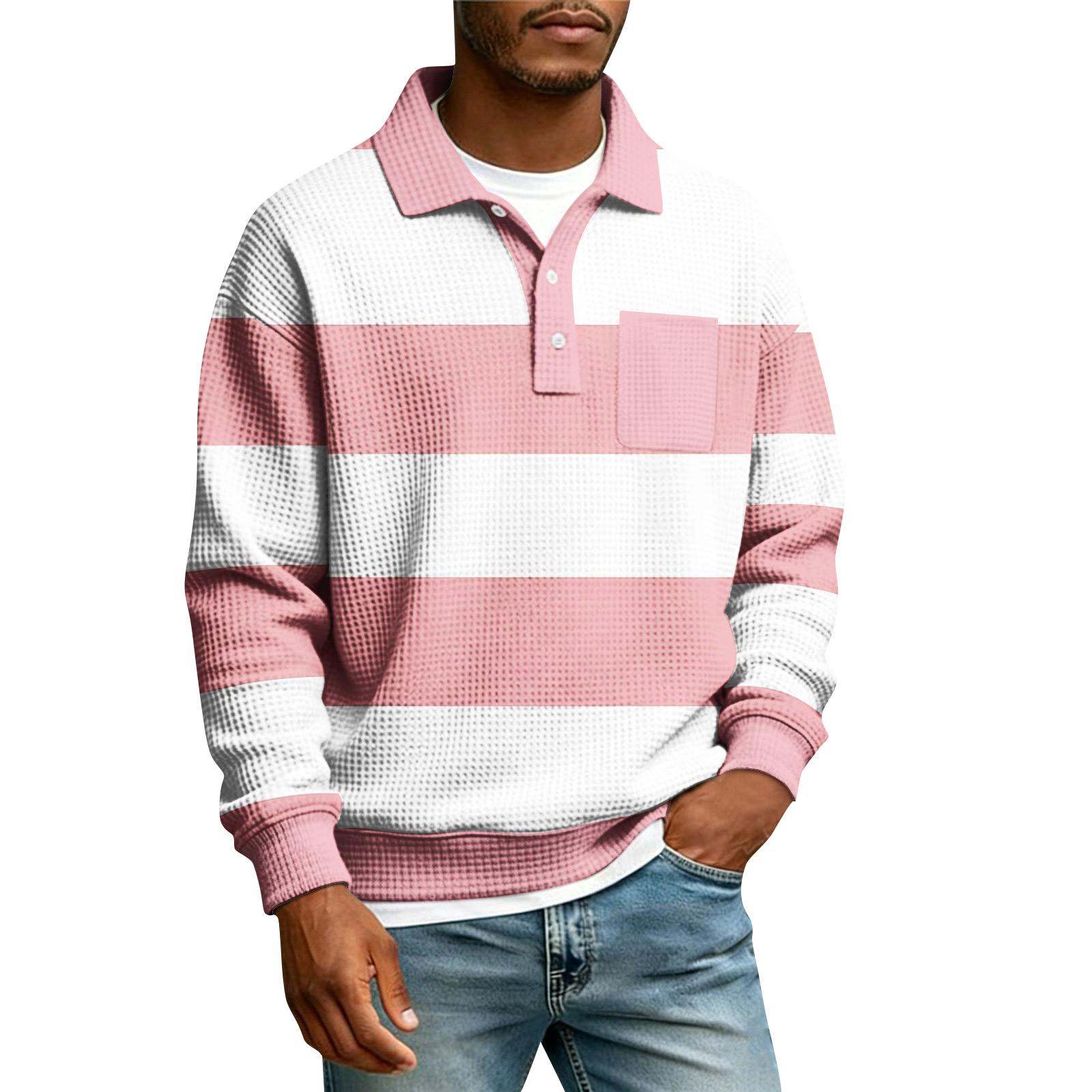 

Men s Striped Single Breasted Long Sleeved Shirt With Collar And Pockets Casual Sports T,shirt XL рожевий