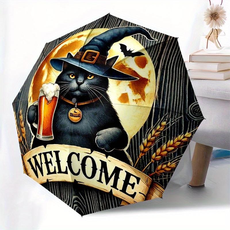 Halloween Cat with Moon Welcome SignUmbrella, Portable 3-Fold Compact Umbrella for Men & Women Gift