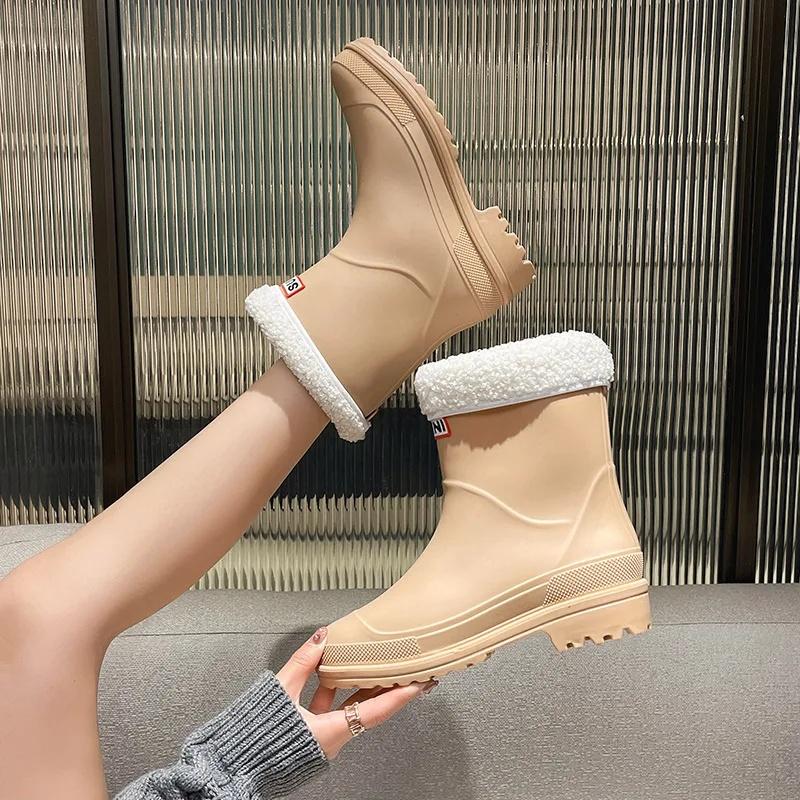 Winter Preppy Style Women's Fleece-Lined Rain Boots Anti-Slip Rubber Shoes Fashionable Outer Wear Adult Beautiful Waterproof