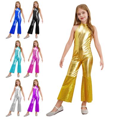 Kostüm für Mädchen mit metallischen Pailletten, Filmstar, Sängerin, Bodysuit, 70er-Jahre-Diskoparty, Tänzeranzug, ärmelloser Overall