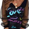 Women Dress See-through Mesh Patchwork Plus Size A-line V Neck Shiny Sequin Loose Long Sleeve Letter Print Above Knee Length Mini Dress