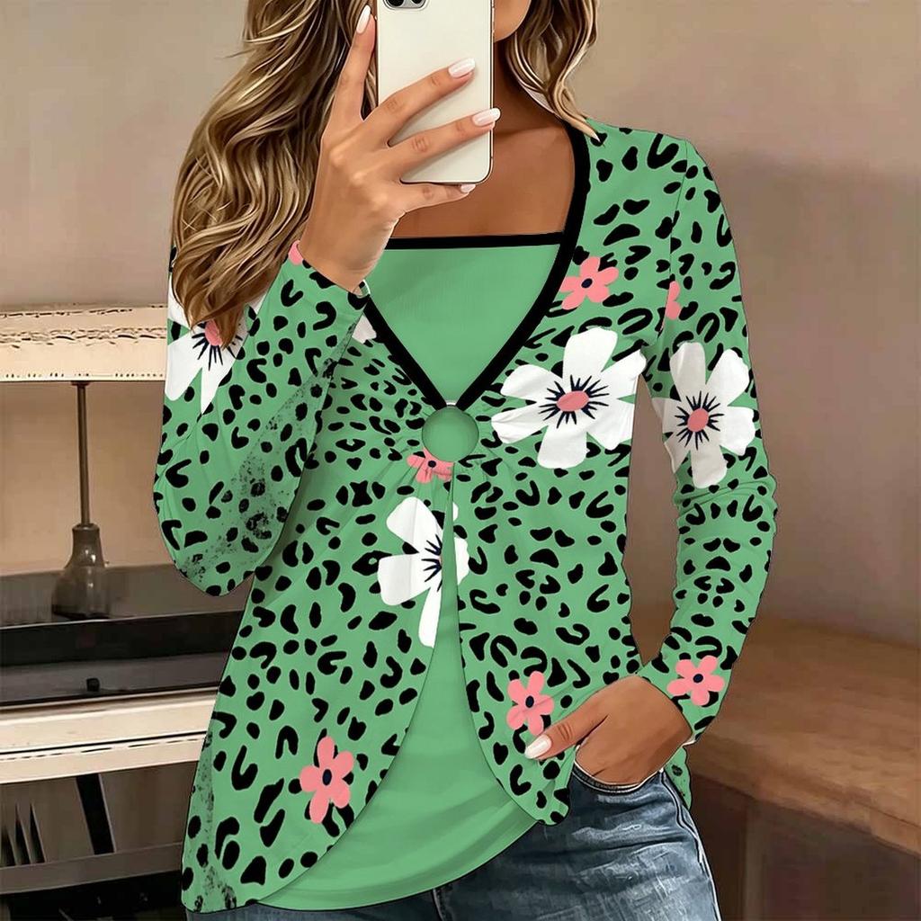 Tops for Women Leopard Print Long Sleeve Fake Two‑Piece Top Fall Casual Slim Pullover Women's Long Sleeve Top