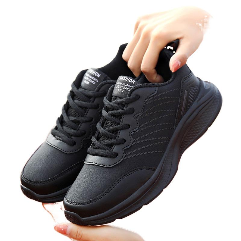 Black sneakers women's spring 2025 new lightweight non-slip soft sole leather surface women's shoes leisure travel running shoes