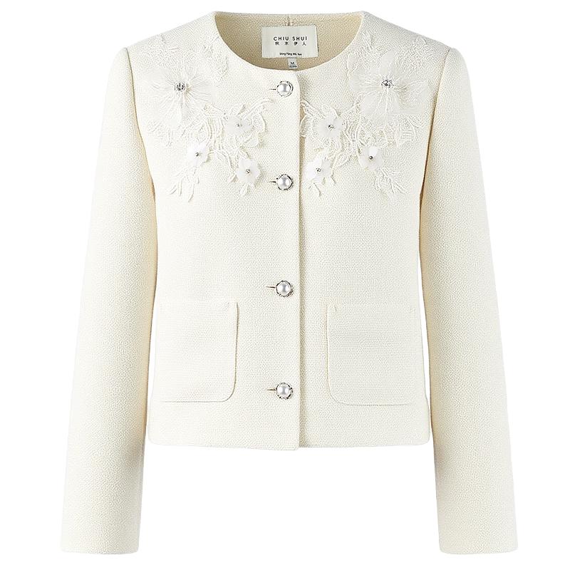Elegant Tweed Short Jacket with 3D Floral Embellishments L