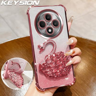 KEYSION Shockproof Plating Phone Case for OPPO Reno12 F 5G Clear TPU Glitter Jewelled Swan Kickstand Back Cover for OPPO Reno12F 4G