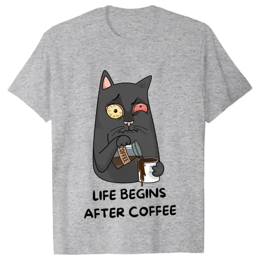 Das Leben beginnt nach dem Kaffee Vintage T-Shirt Lustiges erstes Kaffee-Männer-T-Shirt Neuer Trend T-Shirt T-Shirt Kaffee-Katzen-Liebhaber Männer Frauen T-Shirts