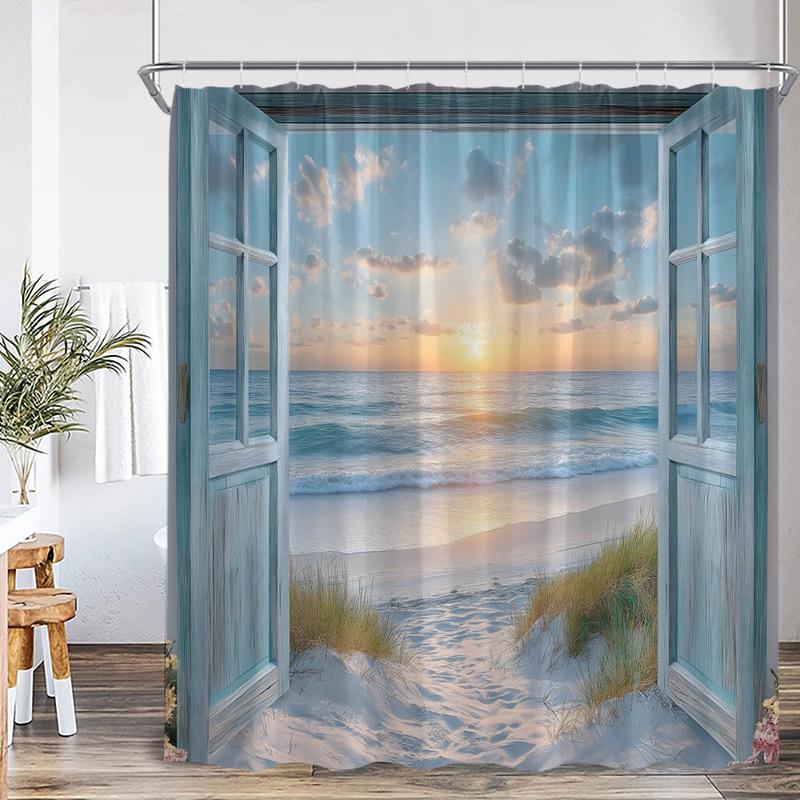 Dusk Ocean View Shower Curtains Brown Window Wooden Door Beach Sea Waves Scenery Fabric Home Bathroom Curtain Decor With Hooks