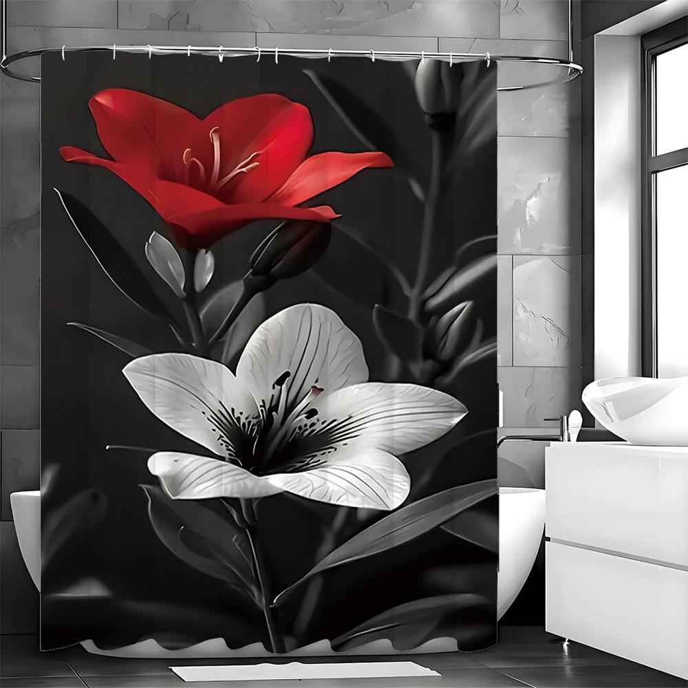 

Red And White Flower Black Shower Curtain, Bathroom Decorative Shower Curtain, Waterproof Shower Curtain With Hooks W60H190(CM)-1 Pcs