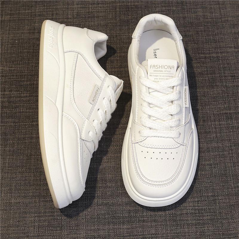 Women's Versatile Thick-Soled White Leather Sneakers for Spring & Autumn - Casual Sports & Skate Shoes