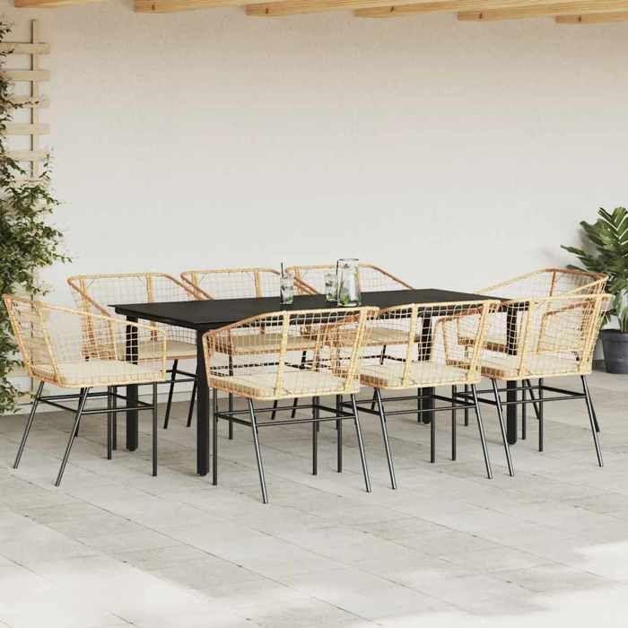 VidaXL Ensemble à manger jardin coussins 9pcs marron poly rotin verre, ensemble de salle à manger d'extérieur 3334610