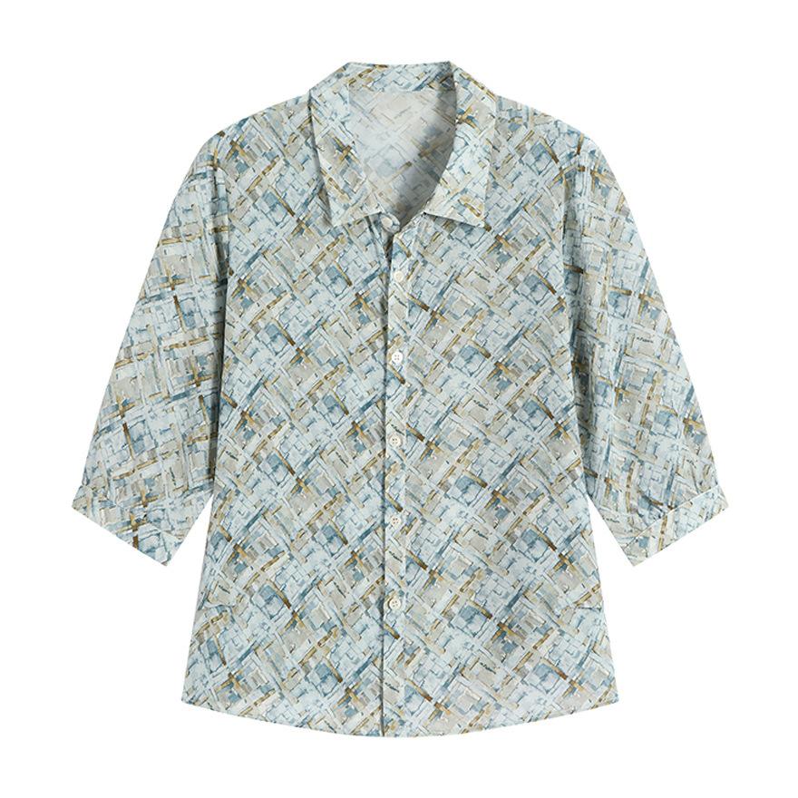 Summer new fashion temperament printed lapel silk short-sleeved shirt mulberry silk shirt shirt shirt top