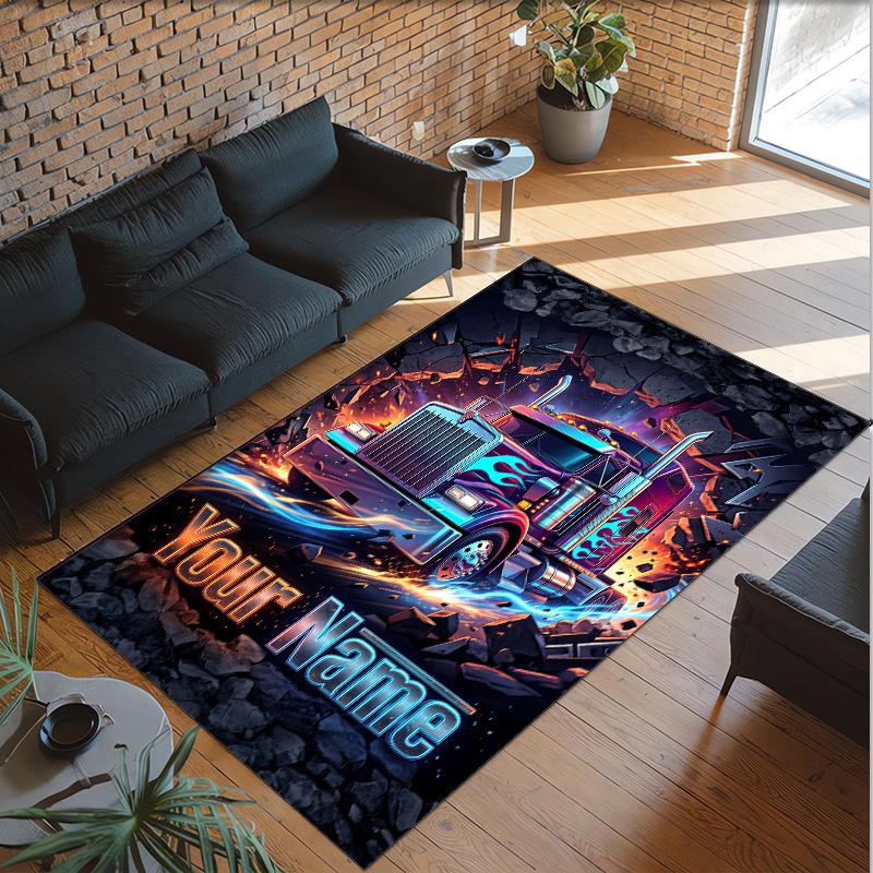 Truck Theme Crystal Velvet Floor Rug Personalized Custom Name Text Warm Carpet Home Decoration
