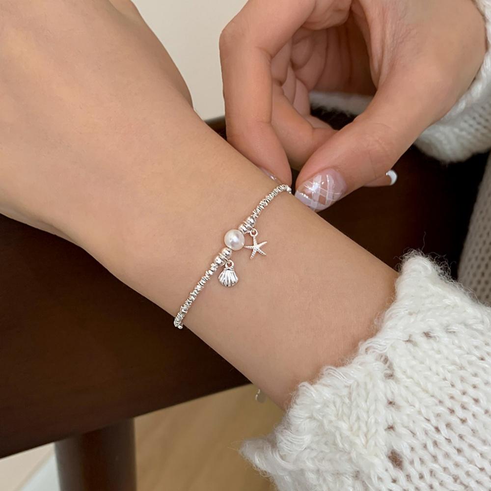 925 Silver Plated Pearl Shell Bracelet for Women Exquisite Summer Ocean Starfish Bohemian Style Adjustable Bracelet Jewelry Gift