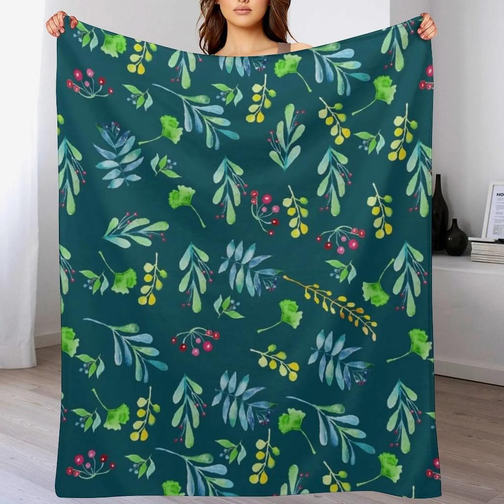 Green and Blue Watercolor Flowers & Leaves Pattern Throw Blanket All Season Soft Lightweight Blanket for Home