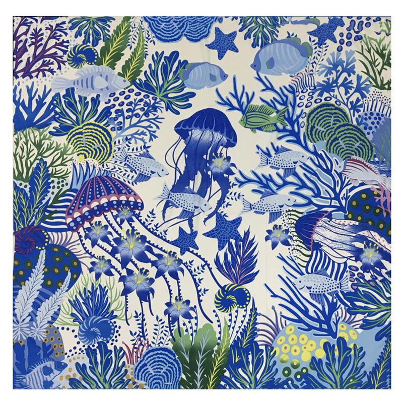 130*130cm 100% Keprová Hedvábná Šála Dámská Čtvercová Bandana Šátek S Potiskem Podmořského Světa Dámský Foulard Šátek