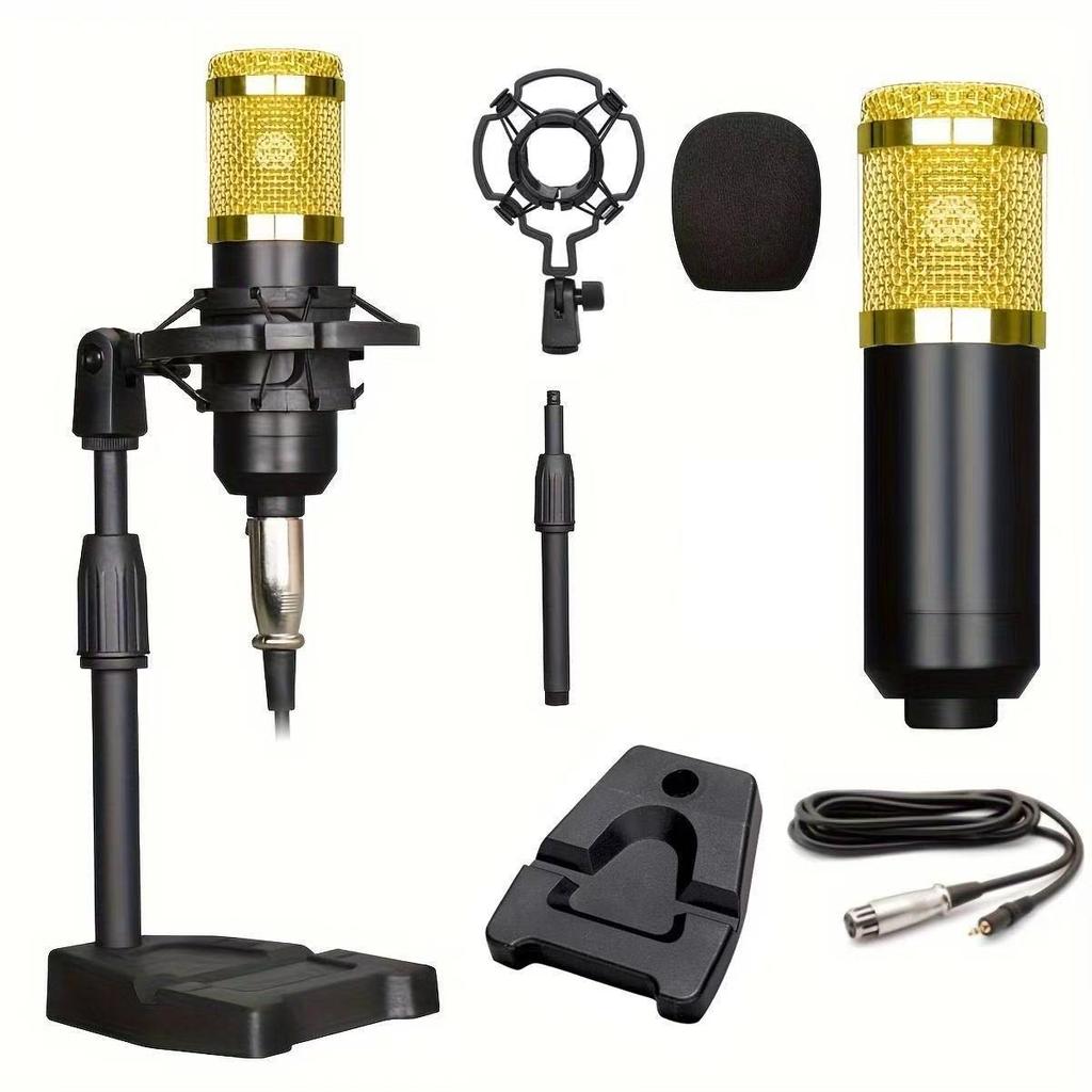 BM800 Condenser Microphone Set with V8 Sound Card, Boom Arm, and USB for Live Streaming and Mobile Use.