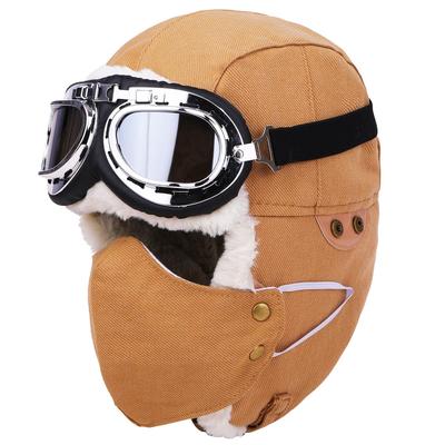 [lapset] Furry Pilot Flight Cap with Goggles – Warm Winter Aviator Hat with Ear Flaps for Men & Women, Beige