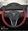Tesla Model 3 & Y Steering Wheel Cover: Ultra-thin, Non-slip Genuine Leather, All-Season Use.