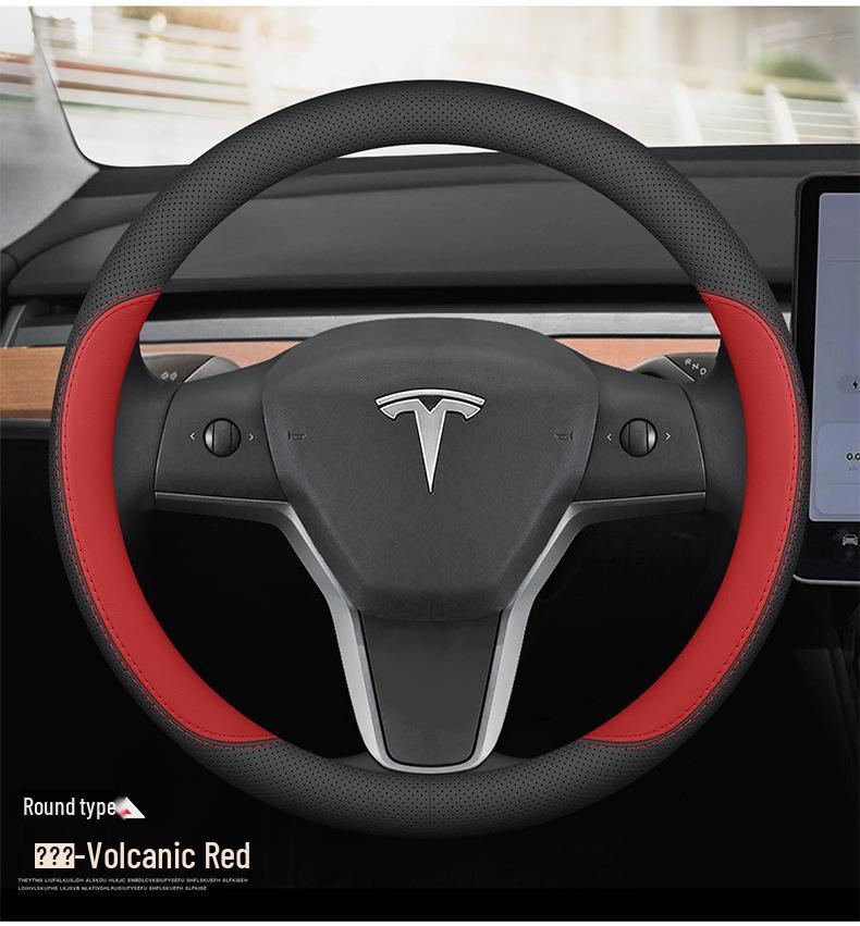 Tesla Model 3 & Y Steering Wheel Cover: Ultra-thin, Non-slip Genuine Leather, All-Season Use.