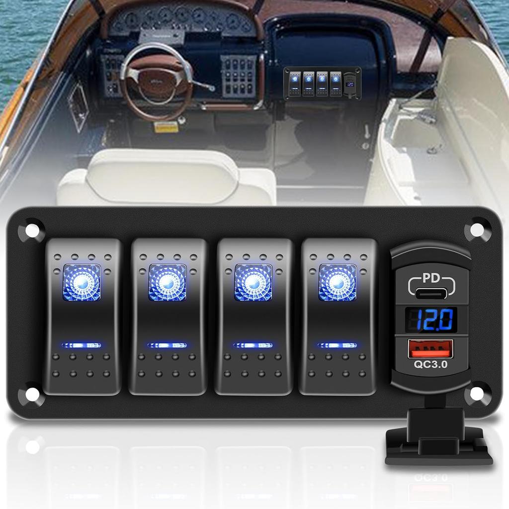 4 Gang IP68 Waterproof Boat Rocker Switch Panel DC 12-24V LED Digital Voltmeter + Dual USB (QC 3.0 & Type-C) Fast Charging Pre-Wired Toggle Switch