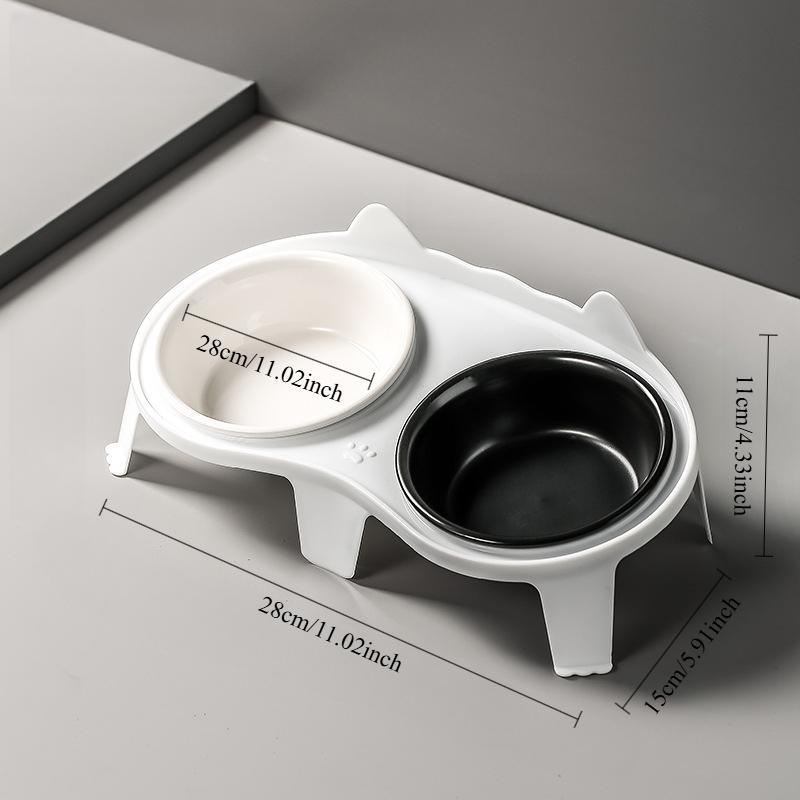 Kitten Double Ceramic Feeder Bowl Pet Water and Food Bowl Dish with Wood Stand No Spill Pet Ceramic Double Bowl for Dog Cat