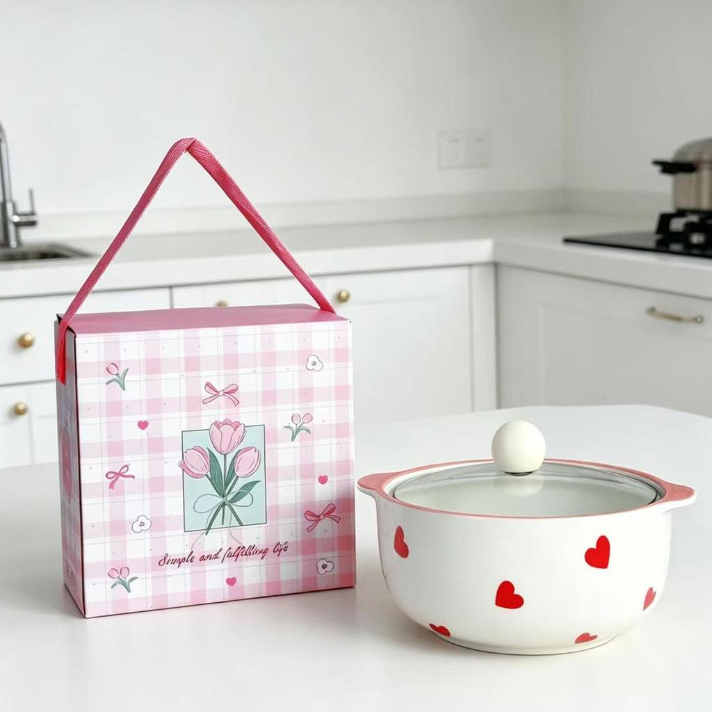 Girly Heart Tulip Ceramic Double-Ear Soup Bowl, Large Capacity, High Temperature Resistant, Ideal for Instant Noodles and Luosifen.