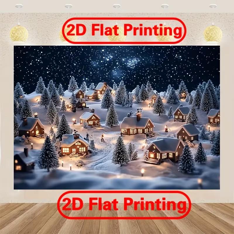 2D Winter Starry Night Village Backdrop Photography Background Banner
