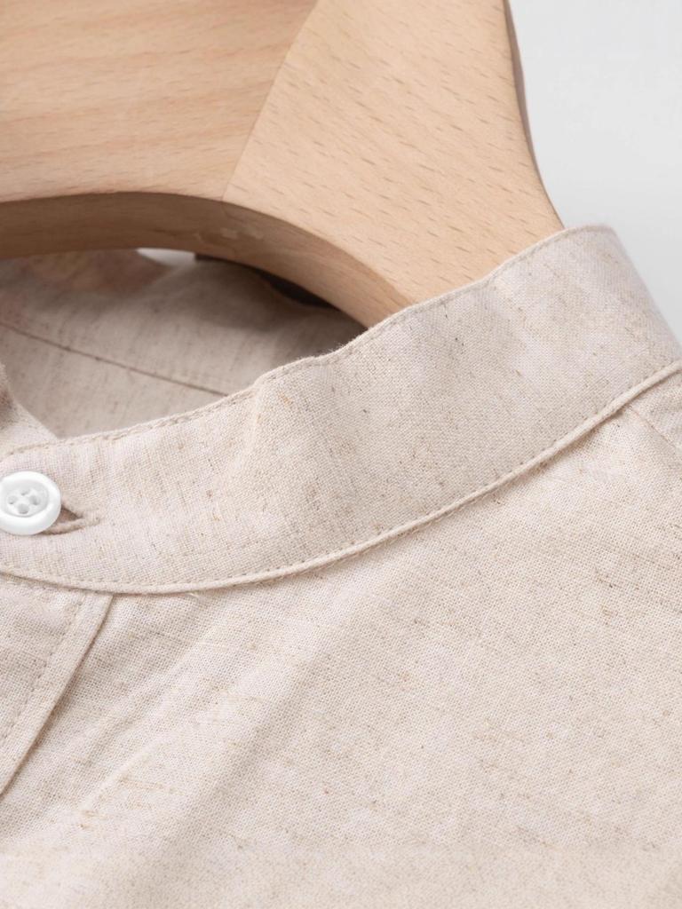 Men's Cotton Linen Stand-up Collar Shirt - Khaki, Retro, Long Sleeve, Trendy Top for Spring and Autumn.