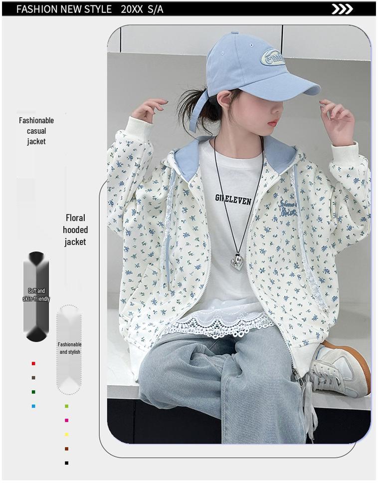 2025 Mädchen Floraler Kapuzen-Cardigan Sweatshirt – Herbstmode