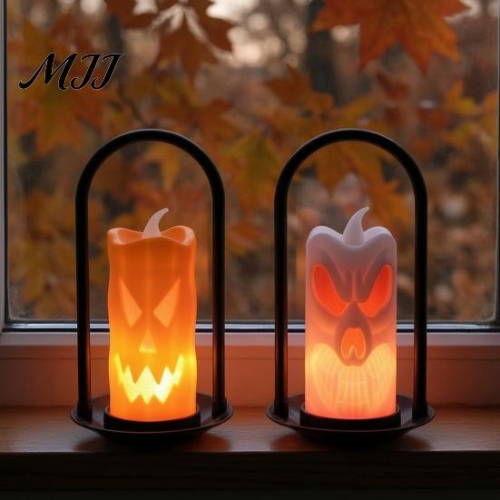 Flickering LED Candle Halloween Flameless Pillar Candles, Spooky Face Handheld Light, Battery Table Centerpiece Operated Fake Candles for Party