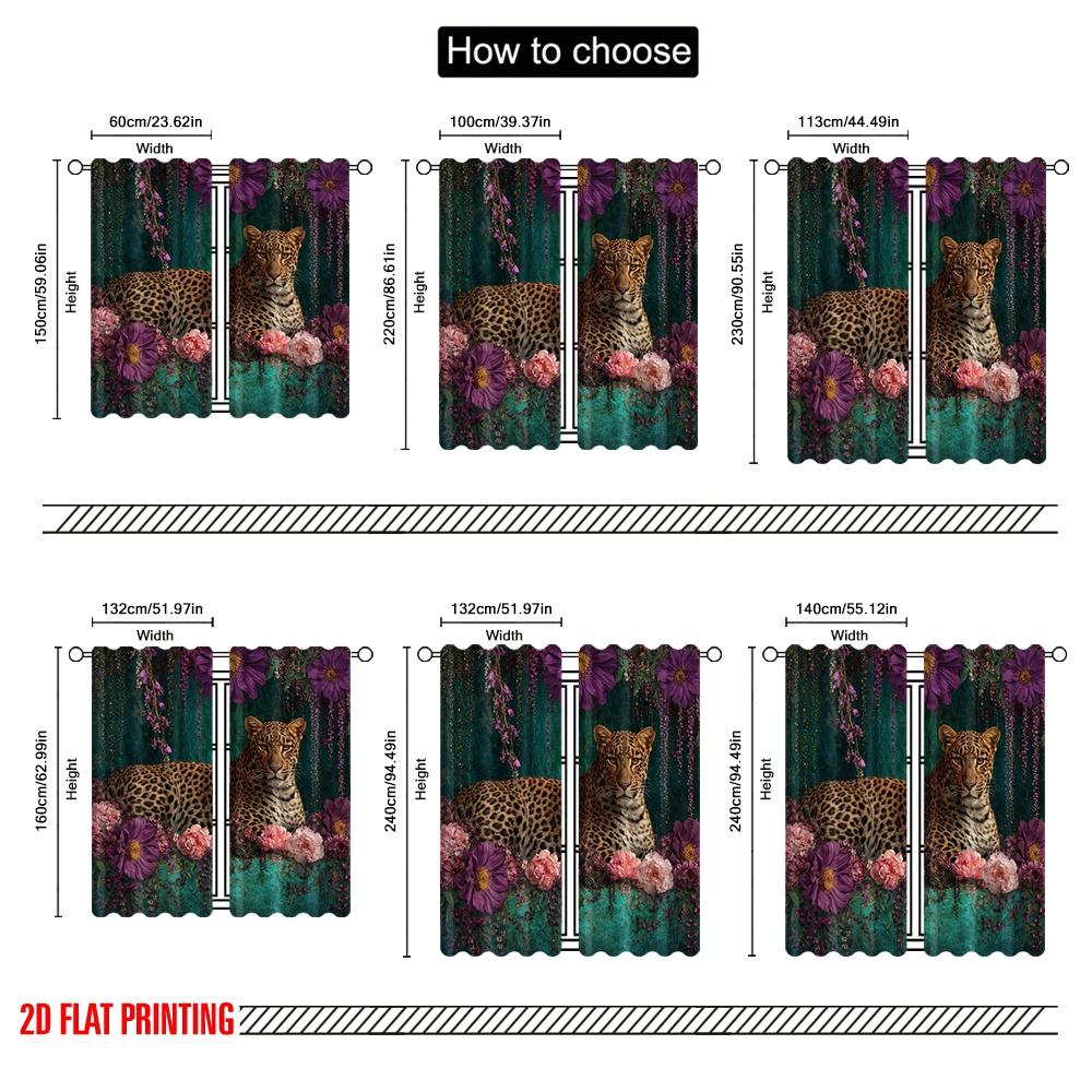 2D Flat Printing 2pcs Curtain Window Treatment Curtains Leopard Amidst Purple Blossoms Digital Printed Polyester Drapes Festive